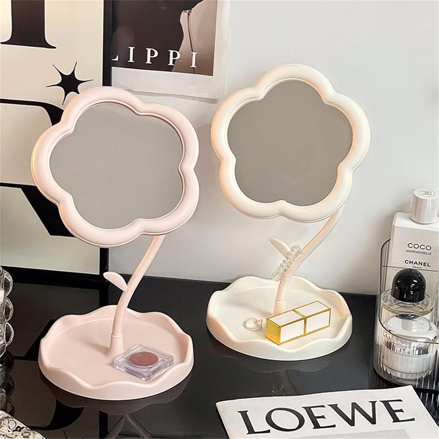 Flower-Shaped Tabletop Mirror with Tray