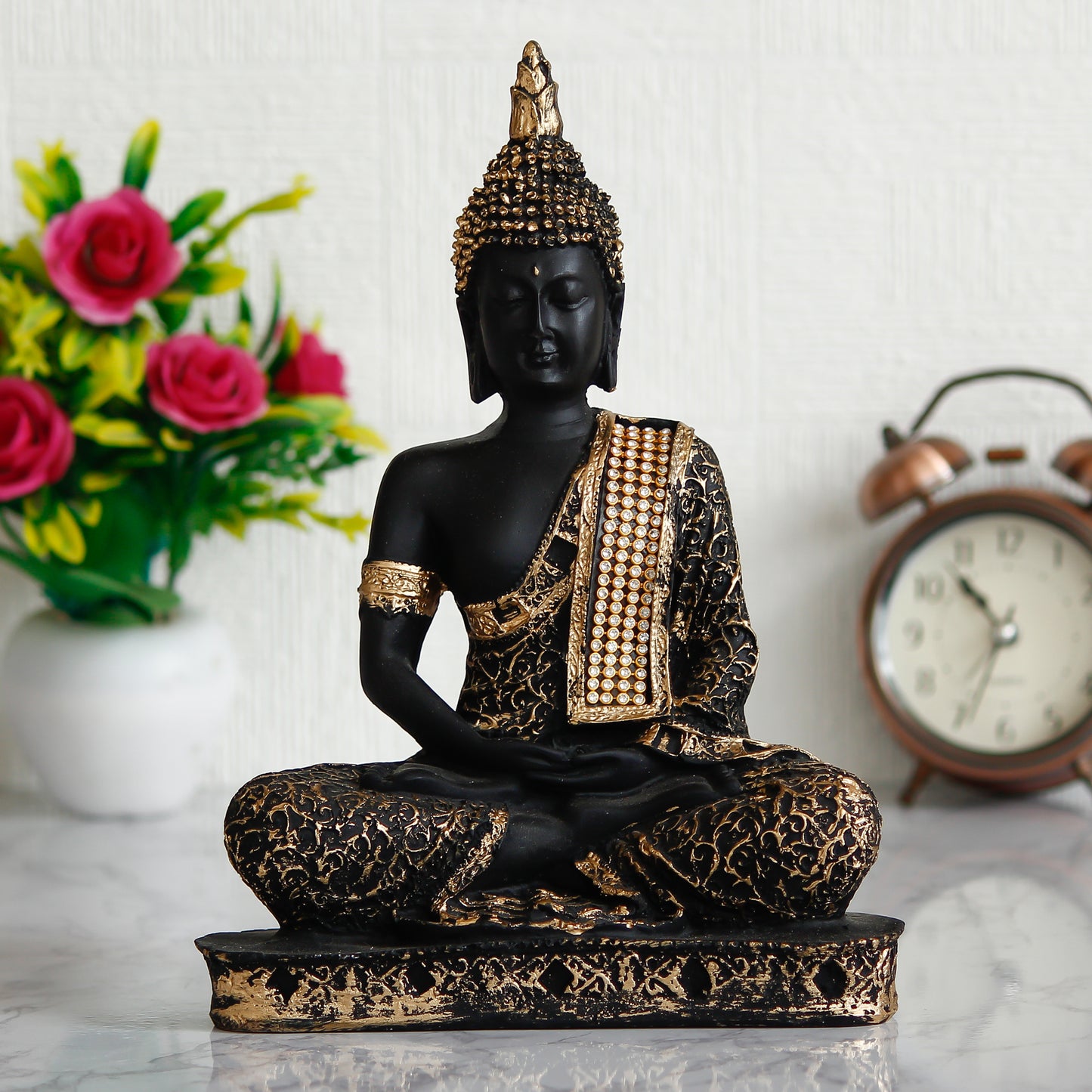 Elegant Black & Gold Meditating Buddha Statue