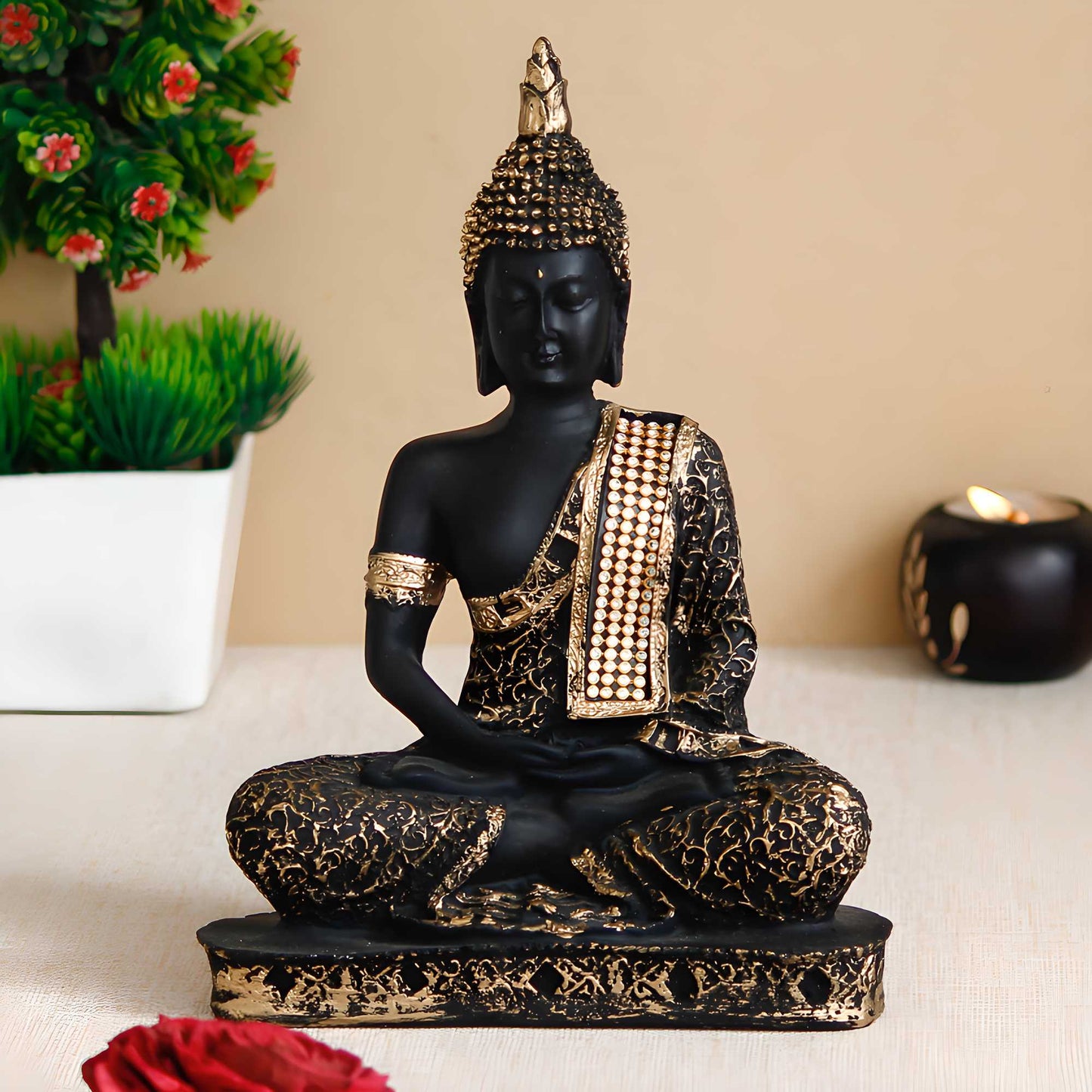 Elegant Black & Gold Meditating Buddha Statue